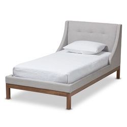 Baxton Studio Louvain Modern and Contemporary Greyish Beige Fabric Upholstered Walnut-Finished Twin Sized Platform Bed